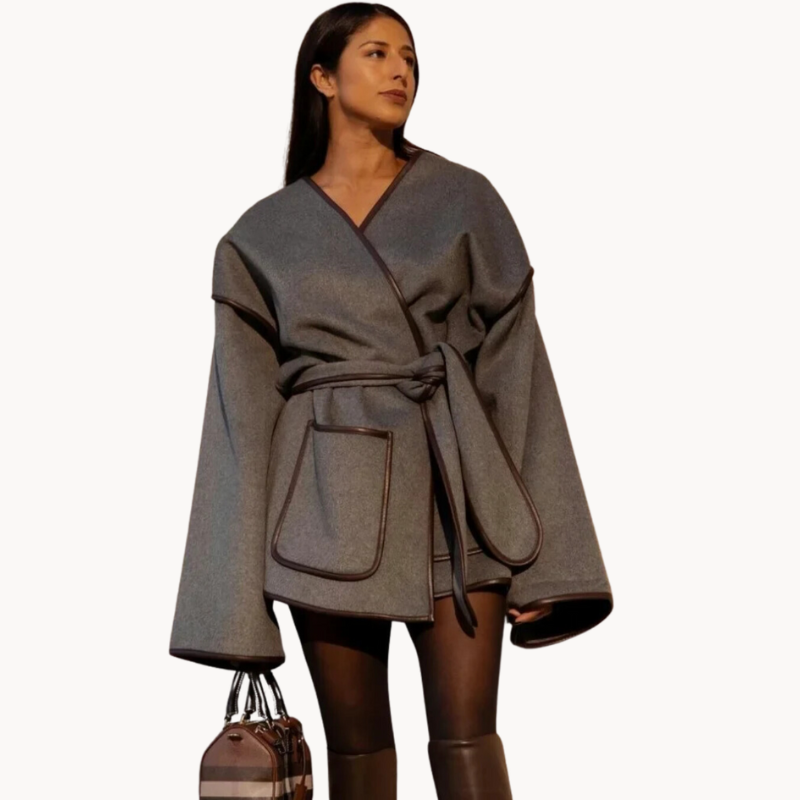Damen Oversized Mantel mit Taillengürtel und Reverskragen Schwarz - Norvielle