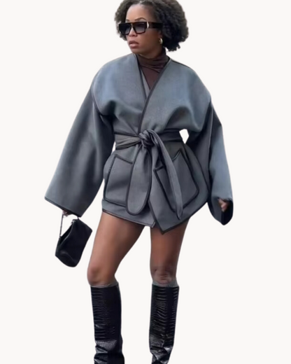 Damen Oversized Mantel mit Taillengürtel und Reverskragen