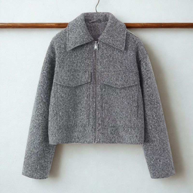 Damen Kurzjacke Boxy Fit Reißverschluss Spitzkragen