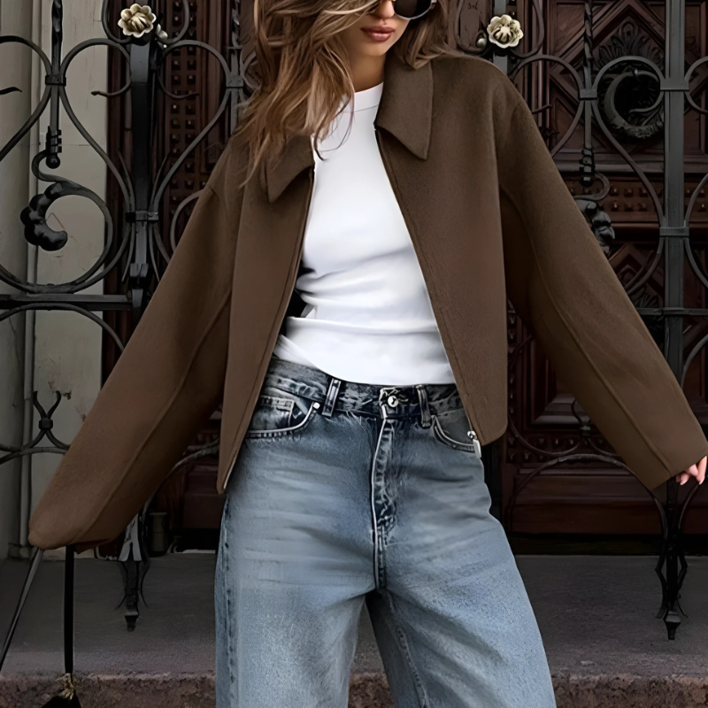 Damen Kurzjacke Boxy Fit Reißverschluss Spitzkragen