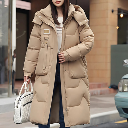Damen Winter Trenchcoat Lang Gepolstert mit Kapuze