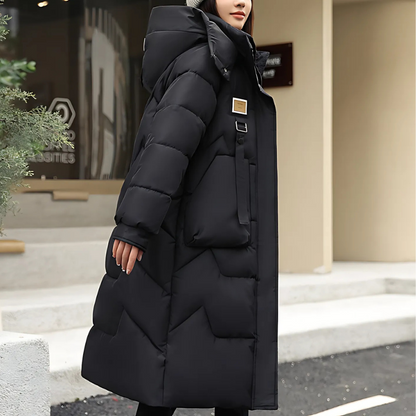 Damen Winter Trenchcoat Lang Gepolstert mit Kapuze
