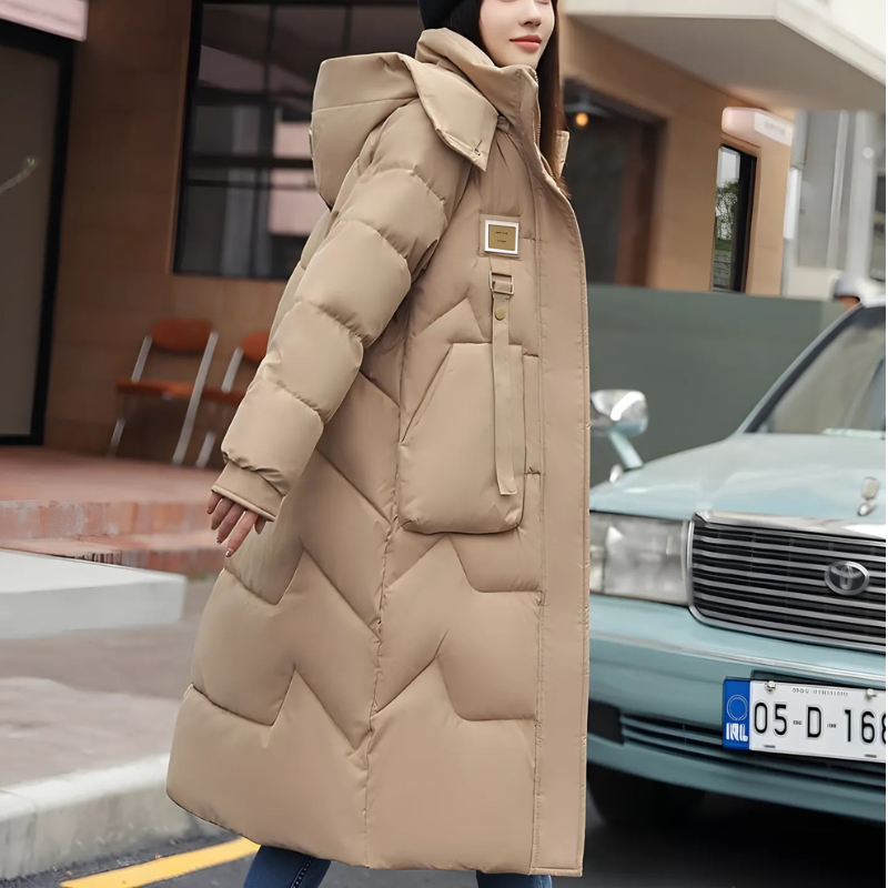 Damen Winter Trenchcoat Lang Gepolstert mit Kapuze