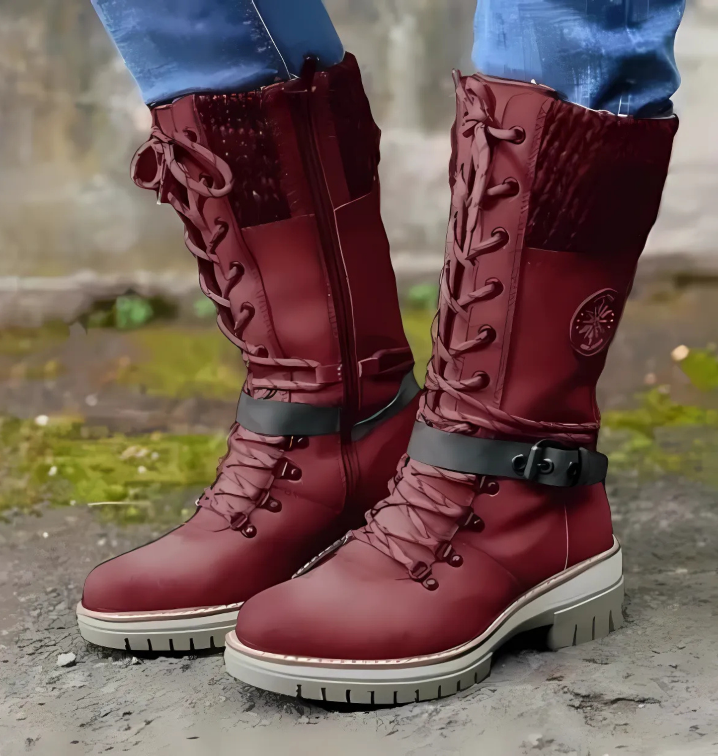 Norvielle Damen Stiefel Knöchelhöhe Schnürung Chunky Sohle