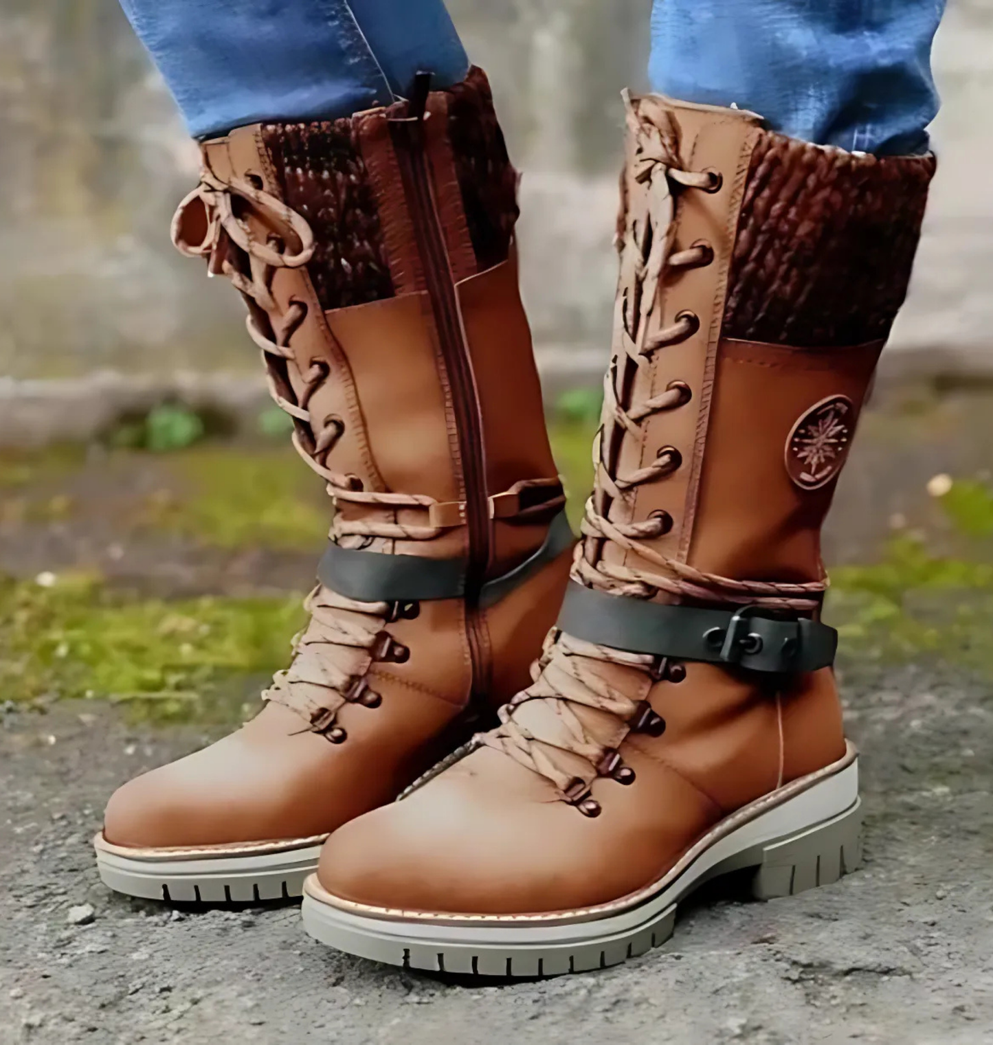 Norvielle Damen Stiefel Knöchelhöhe Schnürung Chunky Sohle