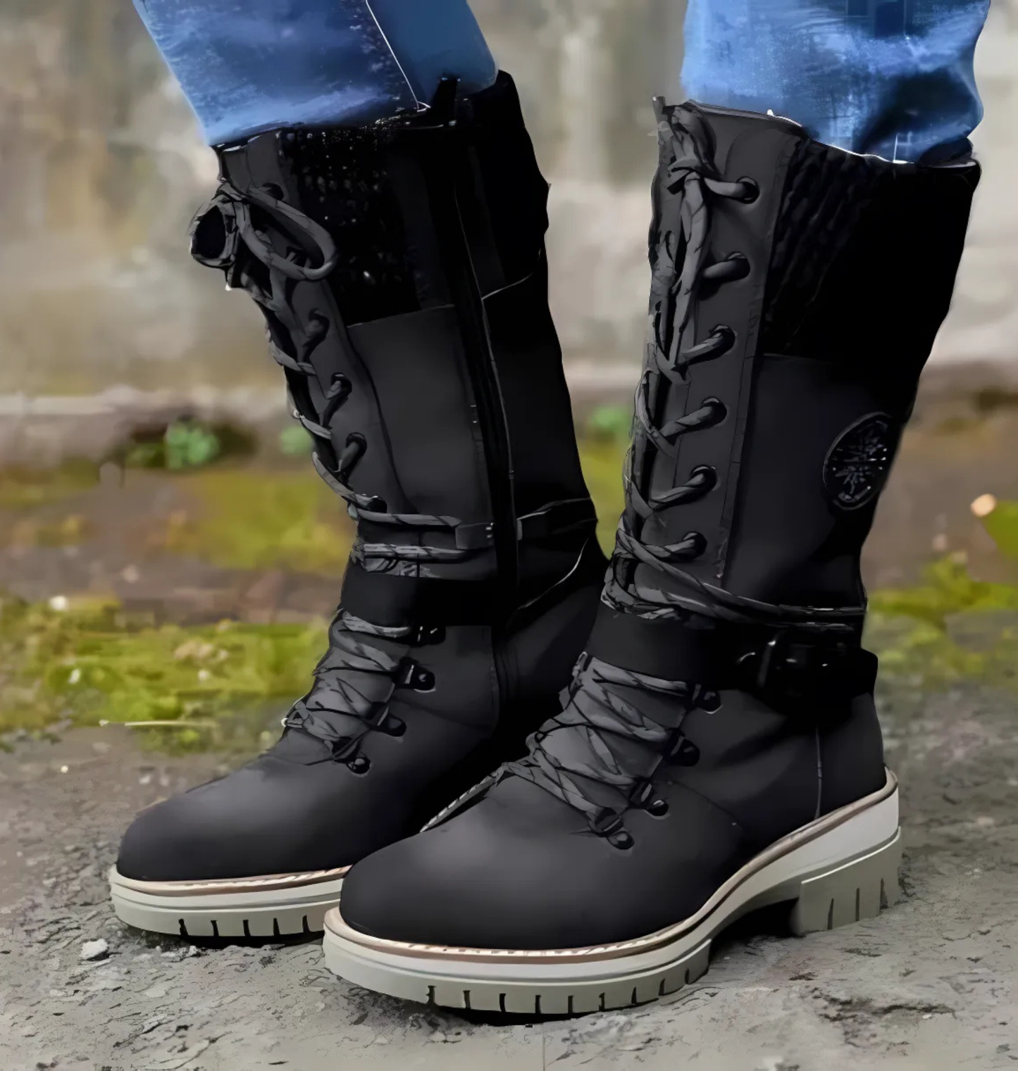 Norvielle Damen Stiefel Knöchelhöhe Schnürung Chunky Sohle - Norvielle