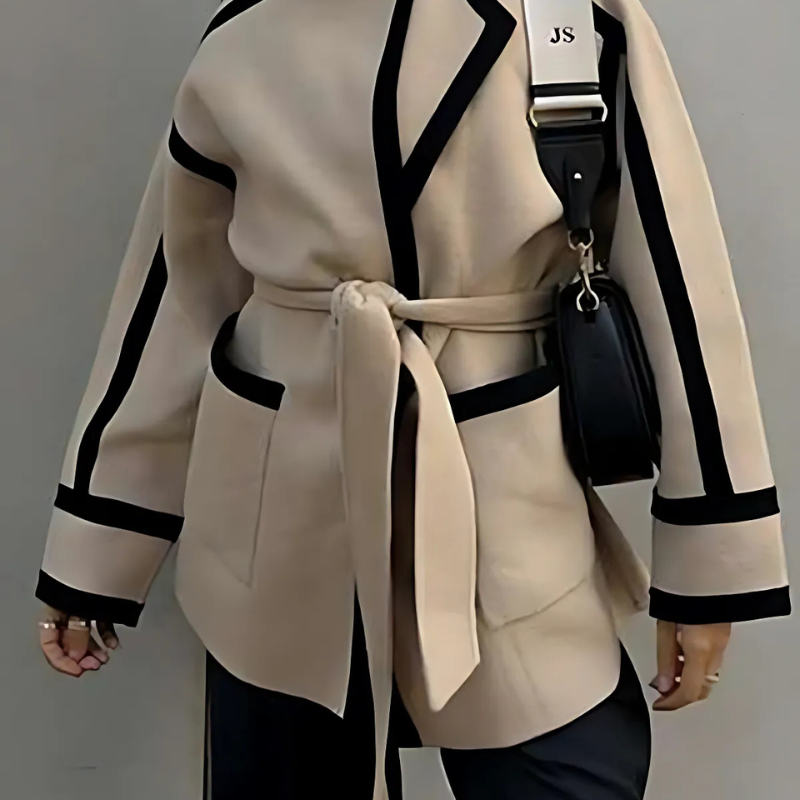Damen Blazer Mantel Khaki Relaxed Fit mit Bindegürtel und Reverskragen