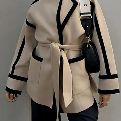 Damen Blazer Mantel Khaki Relaxed Fit mit Bindegürtel und Reverskragen