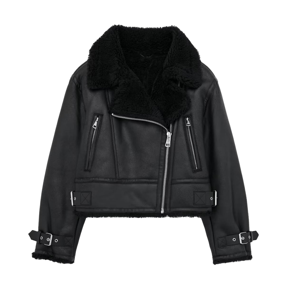 Damen Winterjacke Schwarz Wattiert Kunstfellkragen - Norvielle