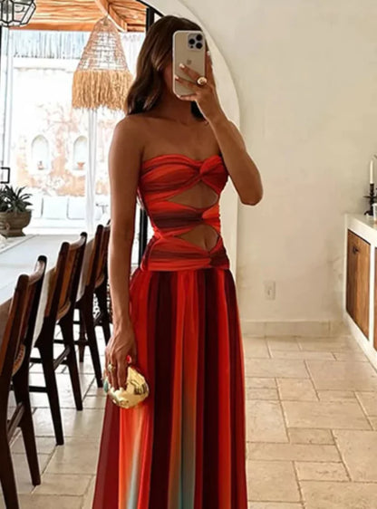 Damen Maxi Sommerkleid Cut-Outs Bandeau- Rot-Orange