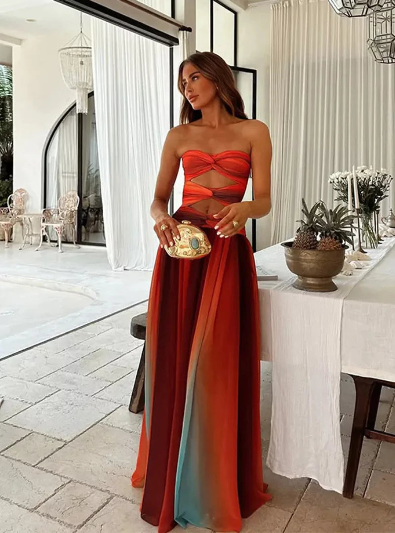 Damen Sommerkleid Cut-Outs Bandeau- Farbverlauf Rot-Orange - Norvielle