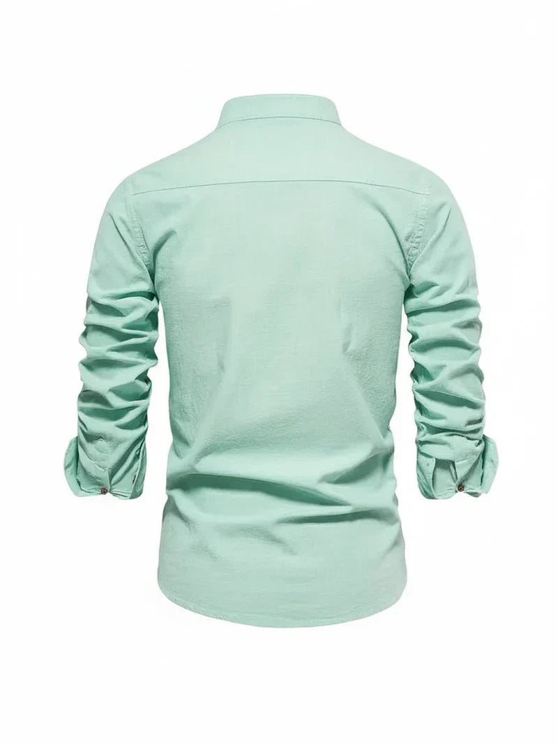 Herren Freizeitshirt Stehkragen Knopfleiste Baumwolle Weiß