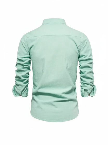 Herren Freizeitshirt Stehkragen Knopfleiste Baumwolle Weiß