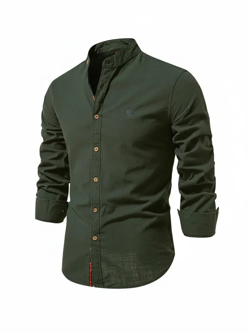 Herren Freizeitshirt Stehkragen Knopfleiste Baumwolle Weiß