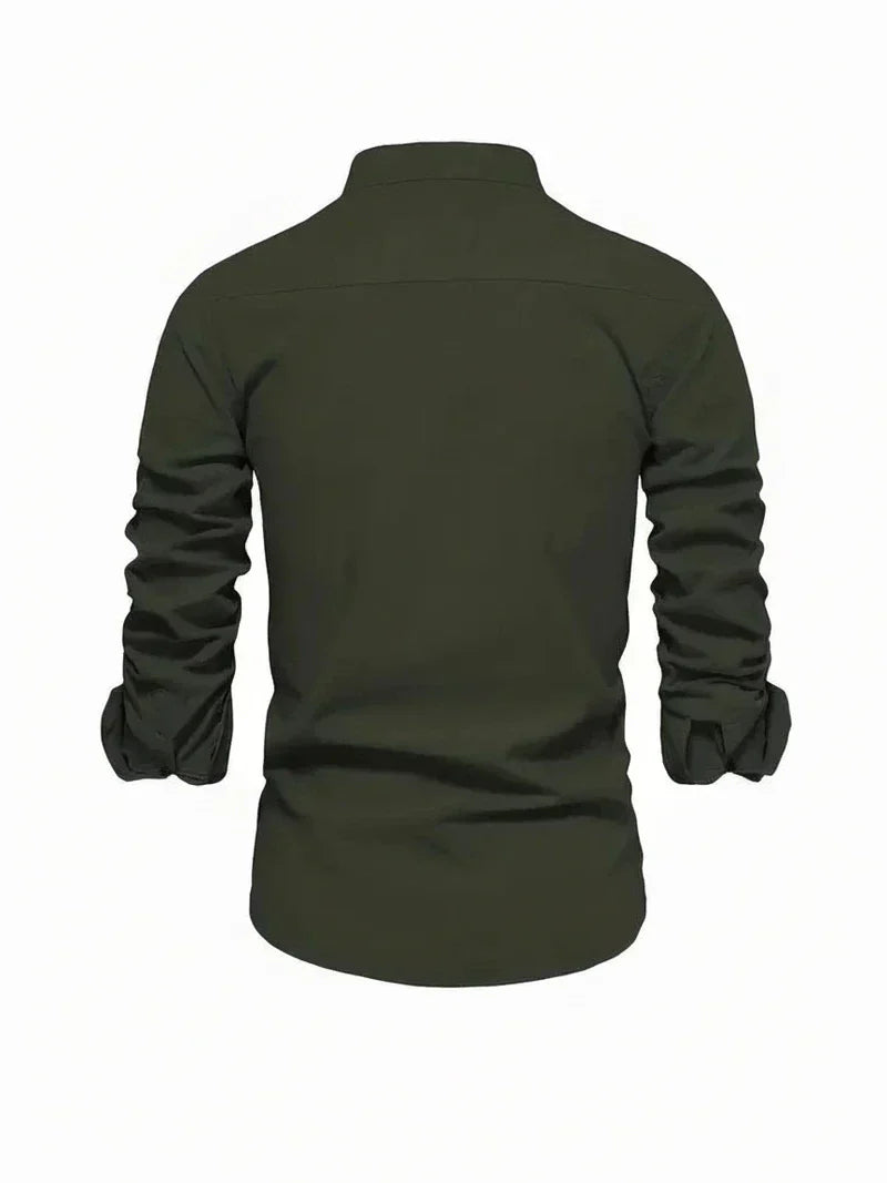 Herren Freizeitshirt Stehkragen Knopfleiste Baumwolle Weiß