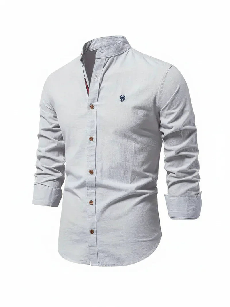 Herren Freizeitshirt Stehkragen Knopfleiste Baumwolle Weiß