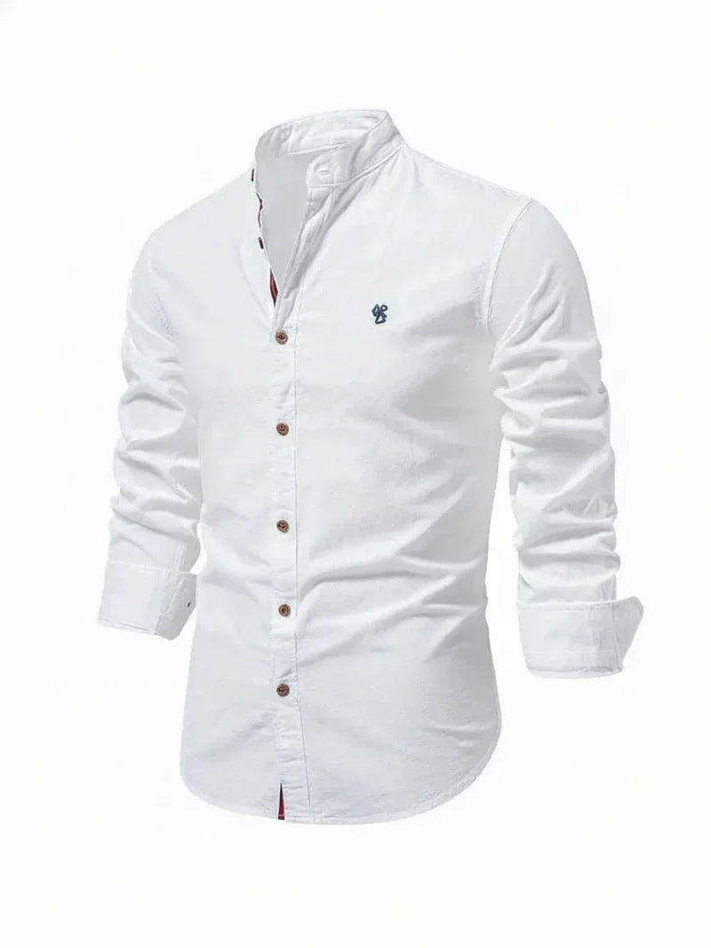 Herren Freizeitshirt Stehkragen Knopfleiste Baumwolle Weiß - Norvielle