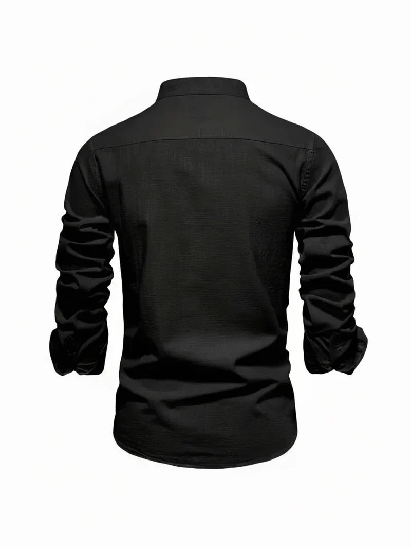 Herren Freizeitshirt Stehkragen Knopfleiste Baumwolle Weiß
