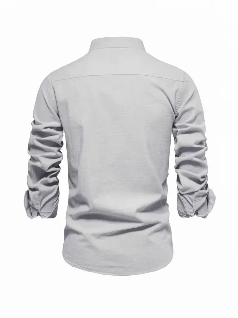 Herren Freizeitshirt Stehkragen Knopfleiste Baumwolle Weiß