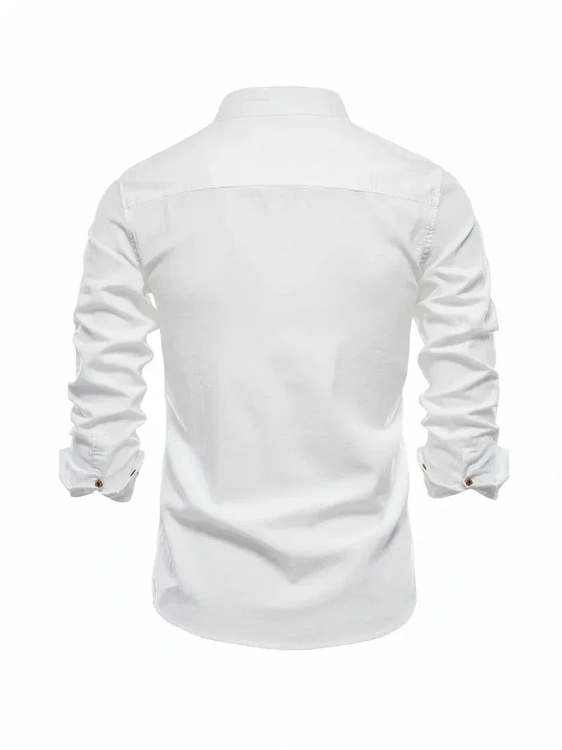 Herren Freizeitshirt Stehkragen Knopfleiste Baumwolle Weiß