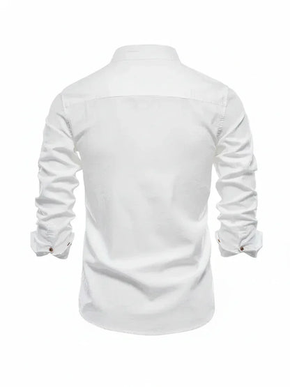 Herren Freizeitshirt Stehkragen Knopfleiste Baumwolle Weiß