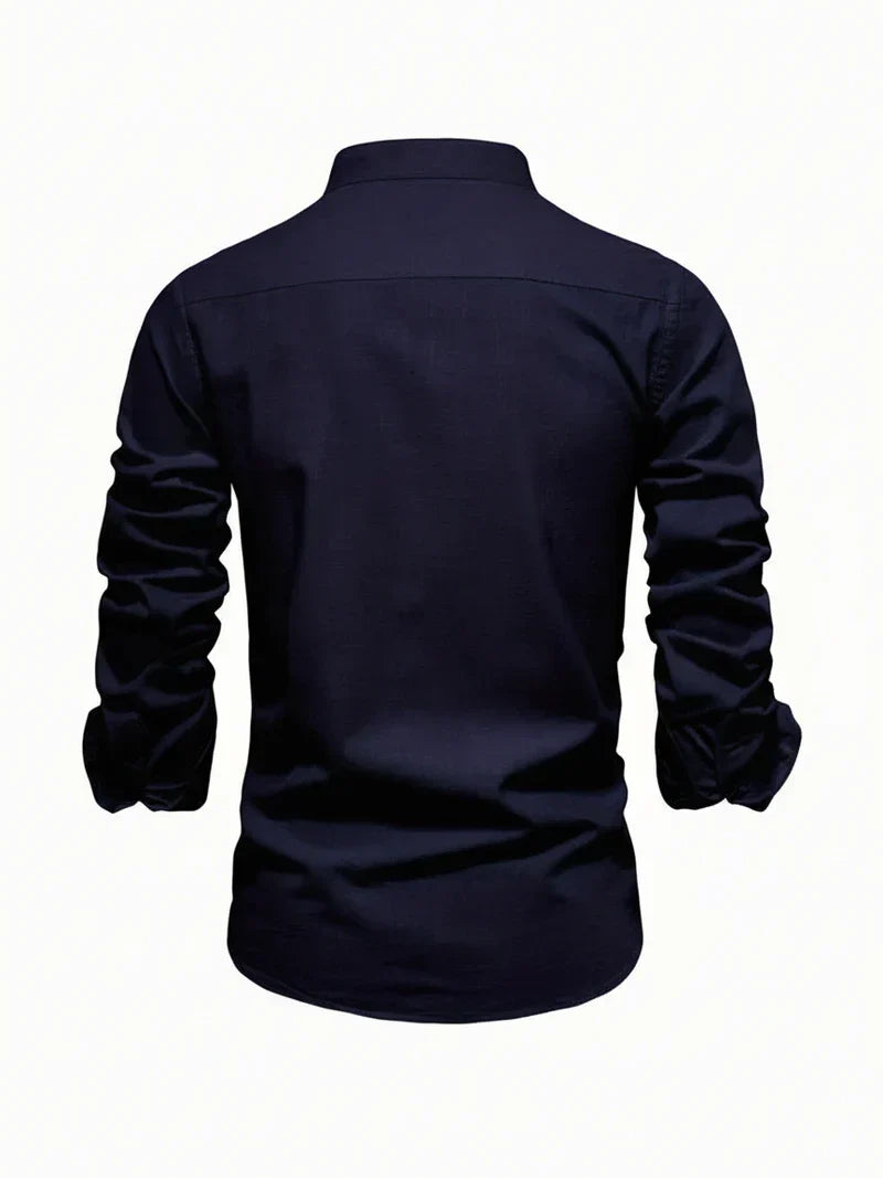 Herren Freizeitshirt Stehkragen Knopfleiste Baumwolle Weiß