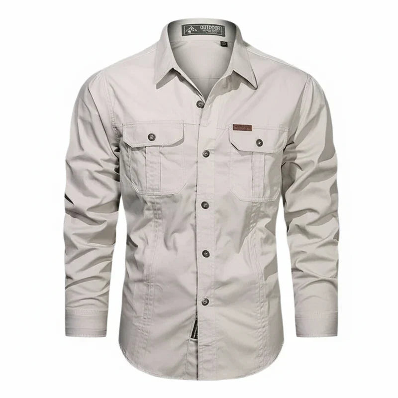 Herren Utility Shirt Doppel Tasche Knopfleisten Baumwolle Beige - Norvielle