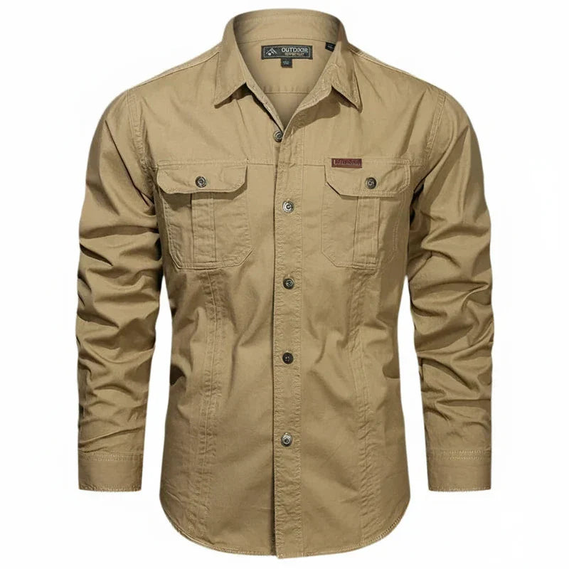 Herren Utility Shirt Doppel Tasche Knopfleisten Baumwolle Beige