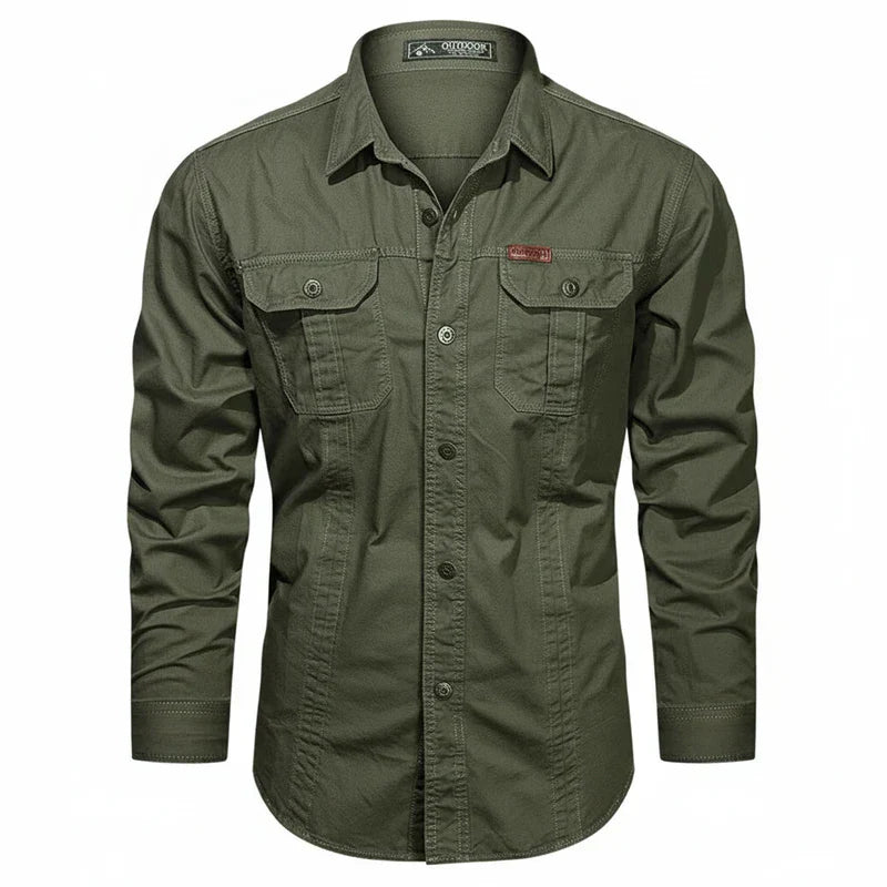 Herren Utility Shirt Doppel Tasche Knopfleisten Baumwolle Beige