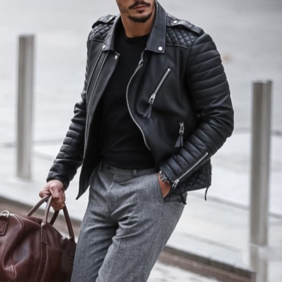 Herren Lederjacke Biker Stil Gepolstert Mit Reißverschluss