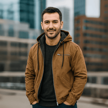 Herren Lederwinterjacke mit Kapuze und Reißverschluss