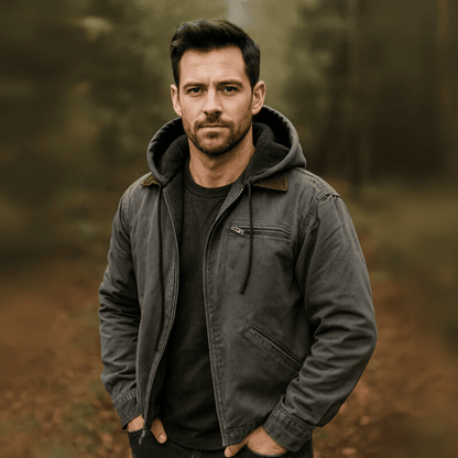 Herren Lederwinterjacke mit Kapuze und Reißverschluss
