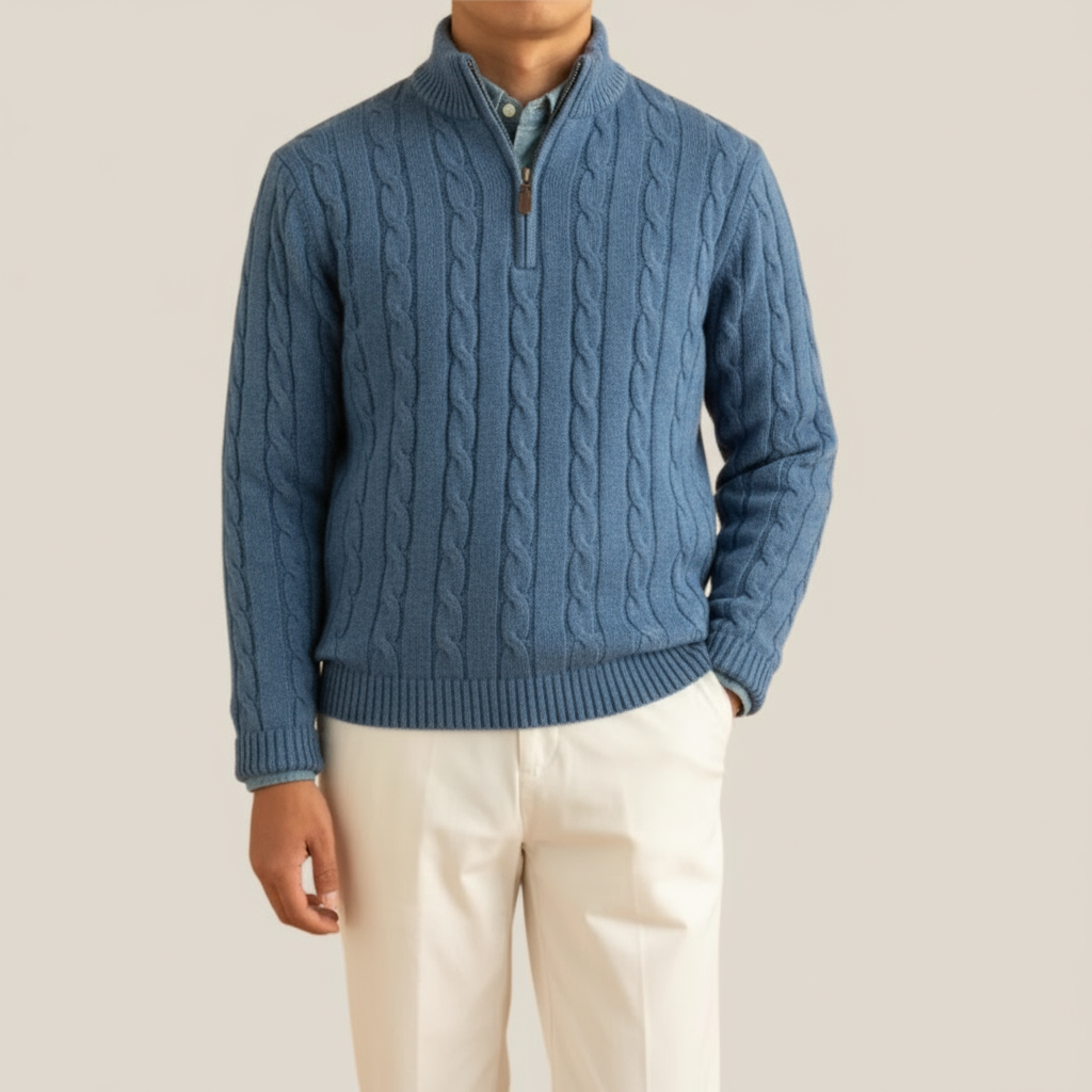 Herren Kabelstrick Pullover Halbzipper, Stehkragen, Ribbensaum
