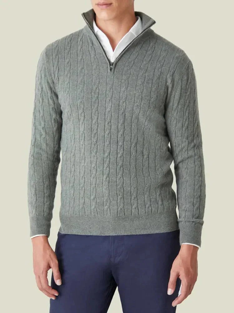 Herren Kabelstrick Pullover Halbzipper, Stehkragen, Ribbensaum