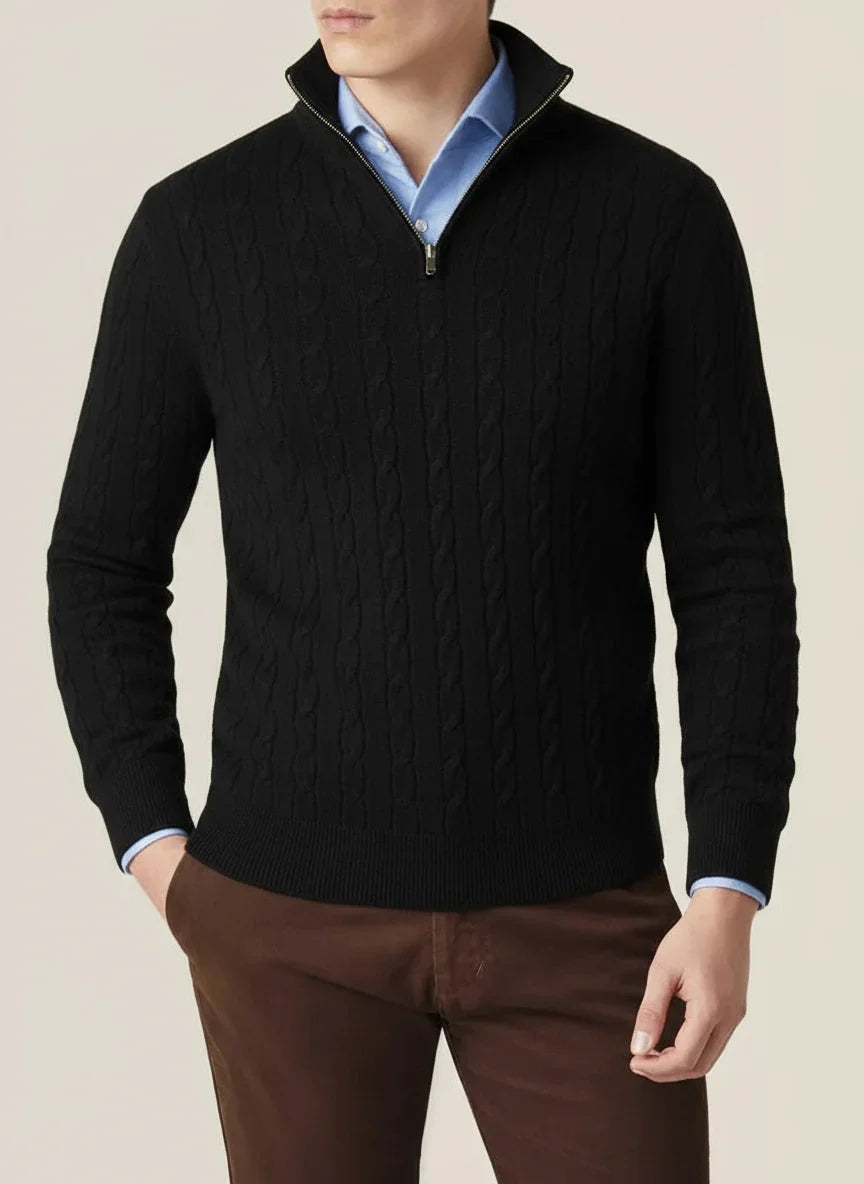 Herren Kabelstrick Pullover Halbzipper, Stehkragen, Ribbensaum - Norvielle