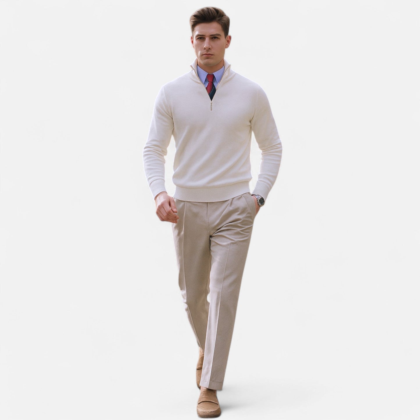 Herren Frühlingspullover Half-Zip Baumwolle Beige