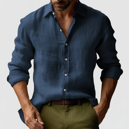 Herren Leinenhemd Langarm Lässig Knopfleiste Beige