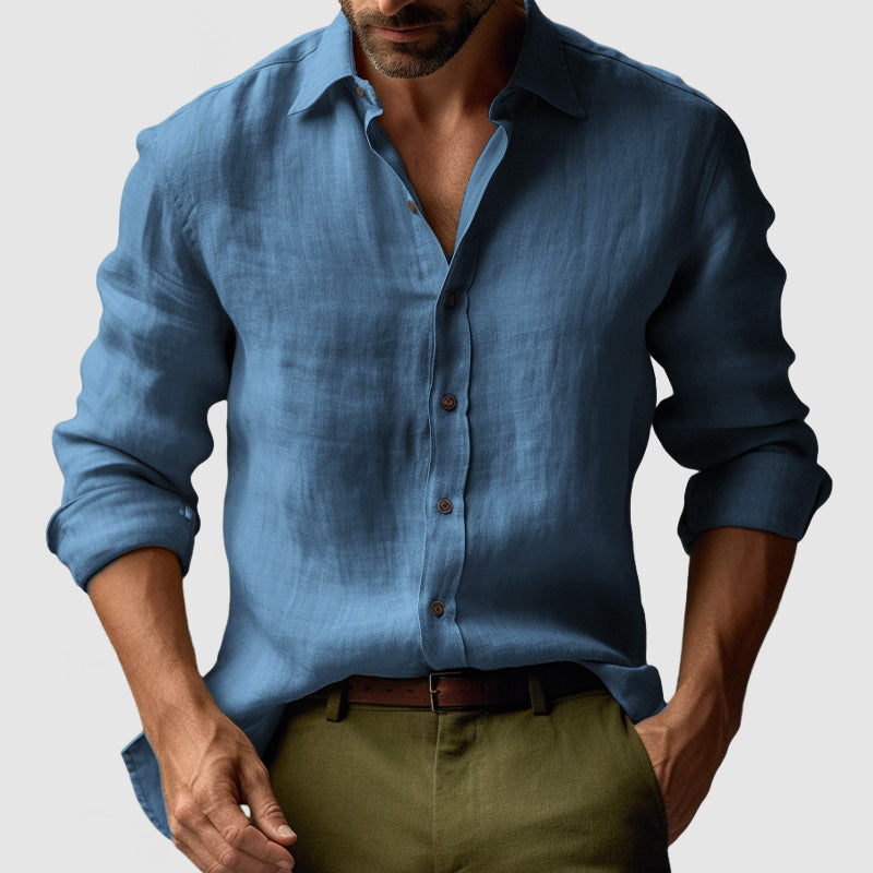 Herren Leinenhemd Langarm Lässig Knopfleiste Beige