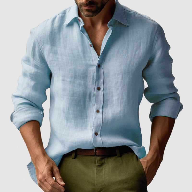 Herren Leinenhemd Langarm Lässig Knopfleiste Beige