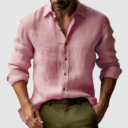 Herren Leinenhemd Langarm Lässig Knopfleiste Beige