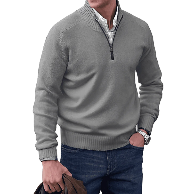 Mens Quarter Zip Jumper - Winter - Pullover - Strickpulli - Mens Half Zip Sweater-Hellgrau-M-Chaps Herrenmode