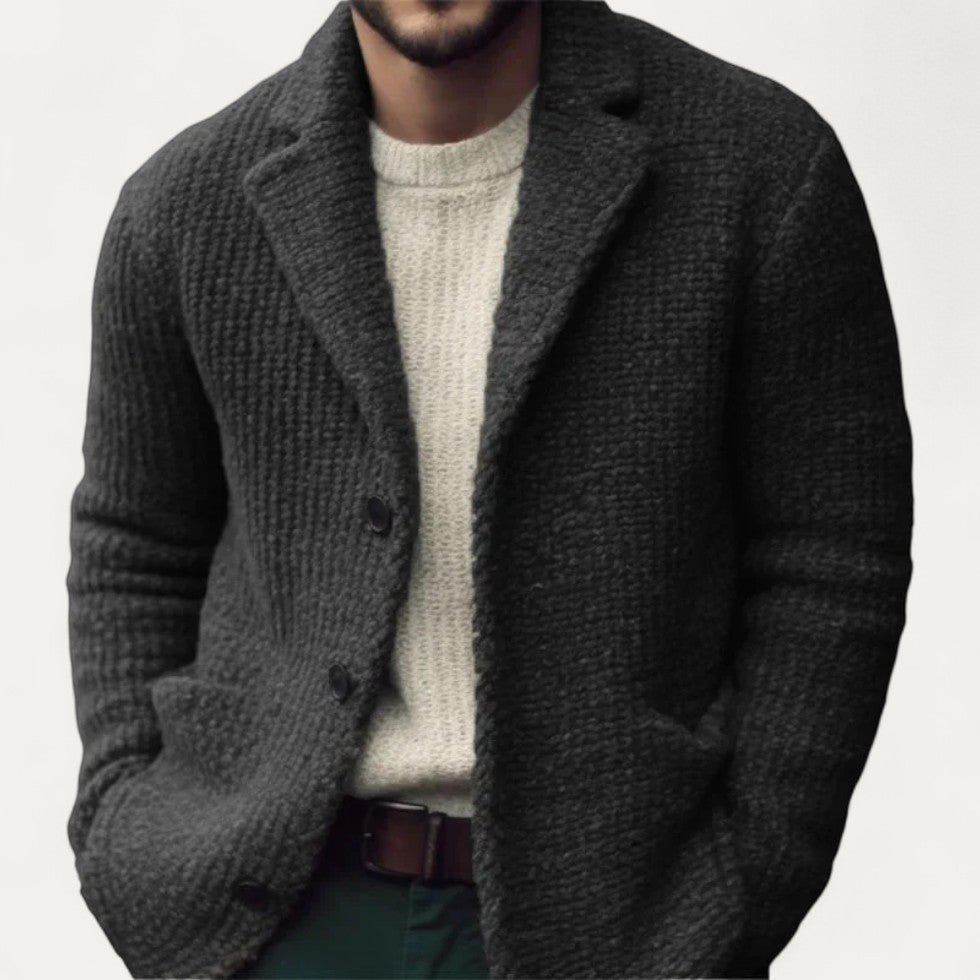 Herren Strickblazer Cardigan Strukturierter Stoff Klassisch Schwarz - Norvielle
