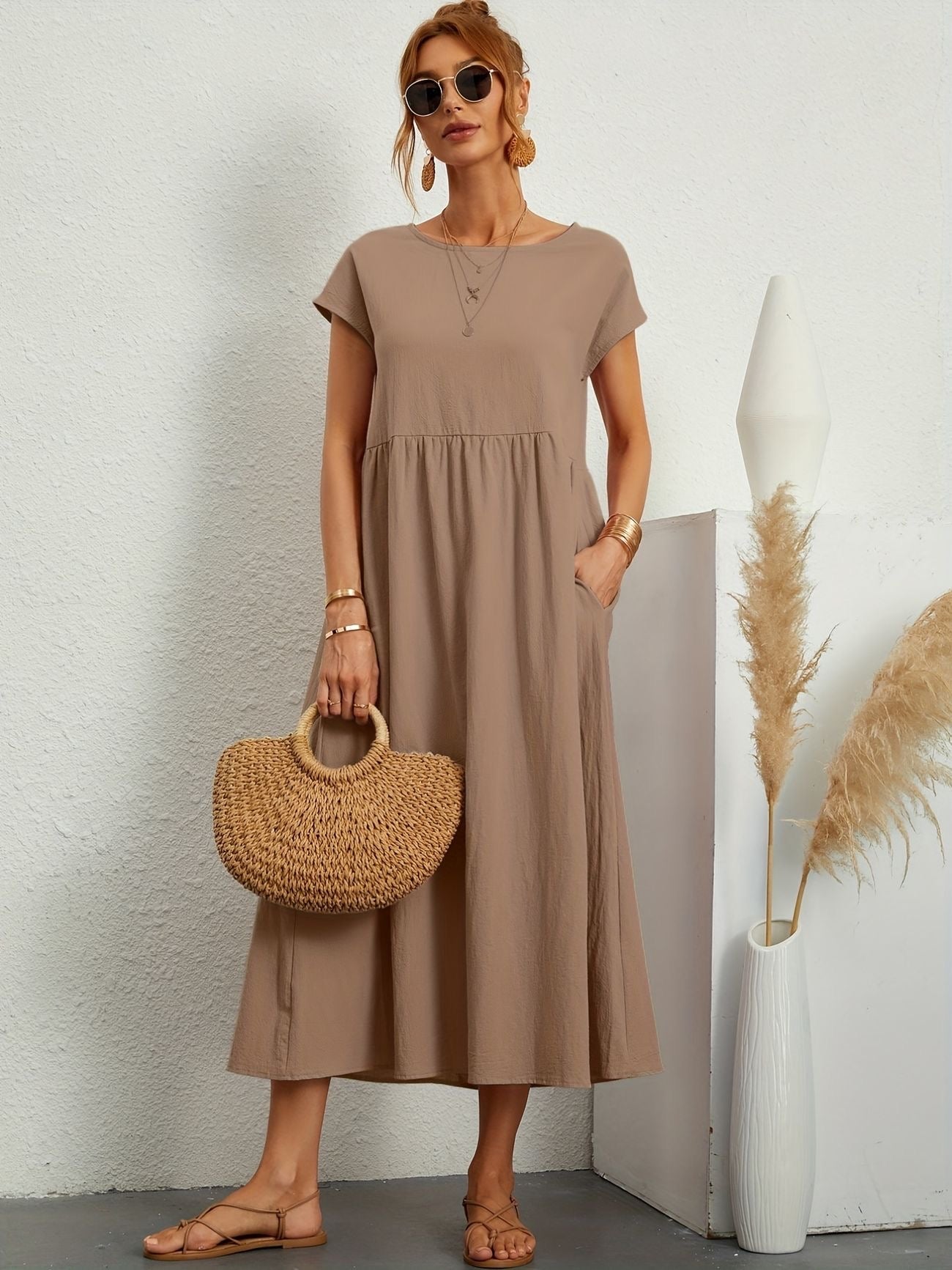 Damen Kleid Rundhalsausschnitt Elegantes Design