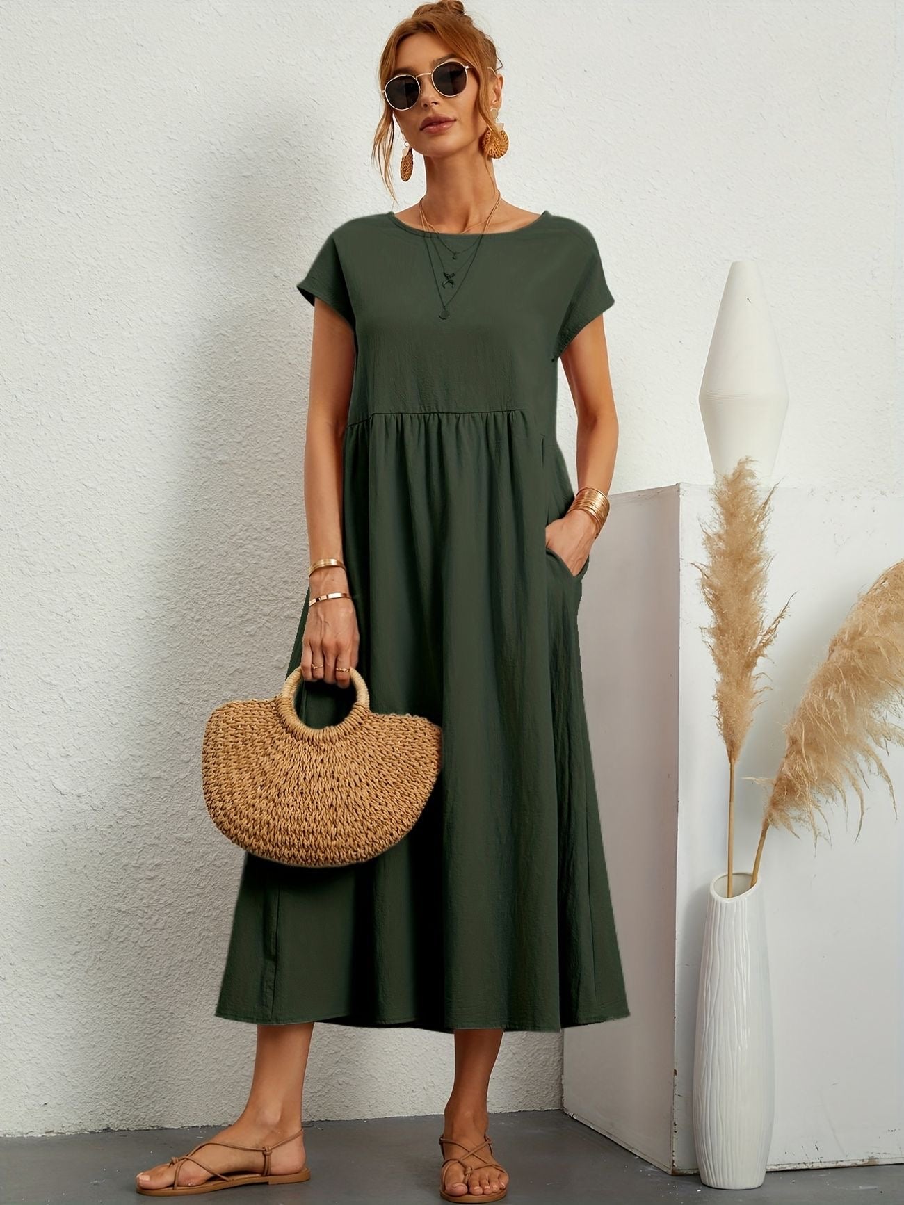 Damen Kleid Rundhalsausschnitt Elegantes Design