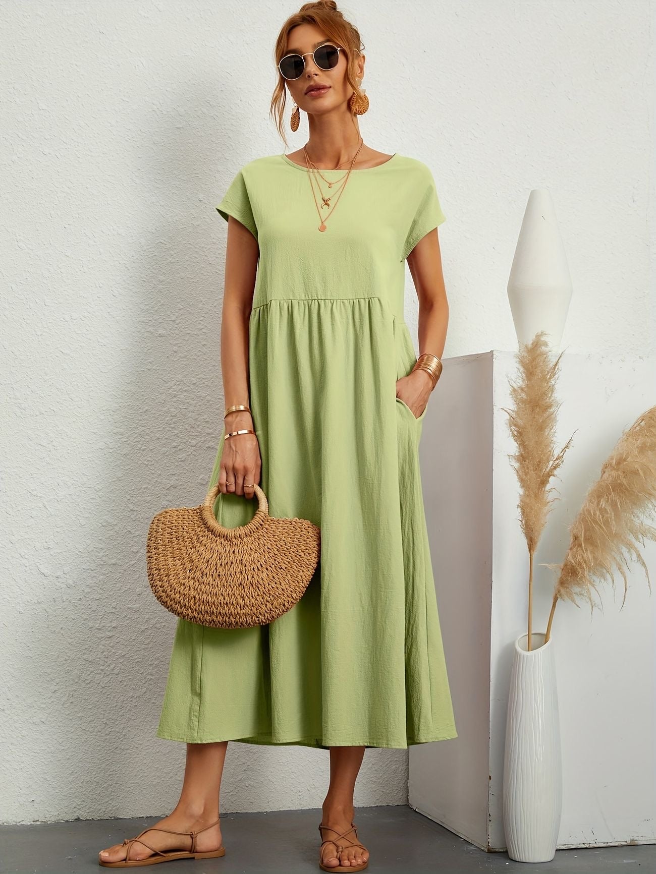 Damen Kleid Rundhalsausschnitt Elegantes Design