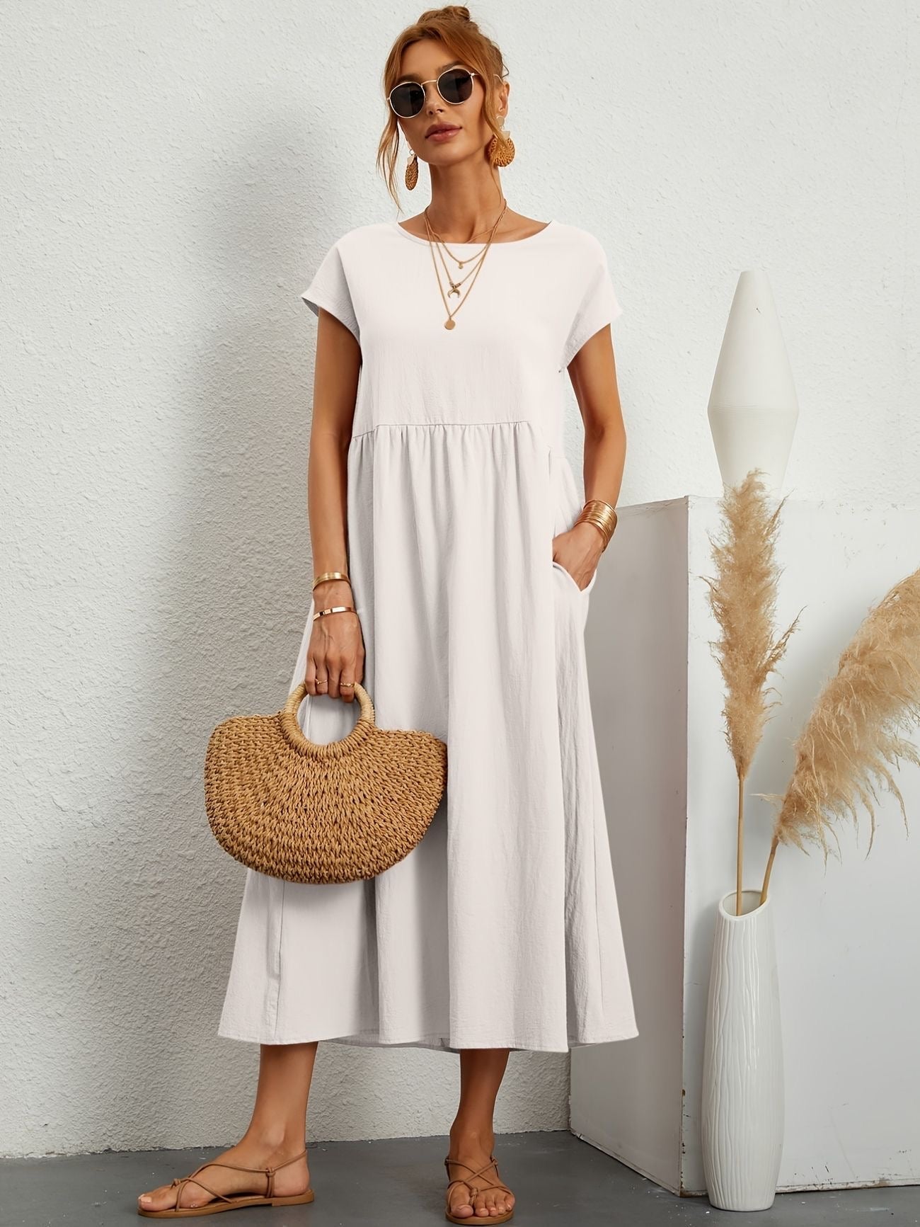 Damen Kleid Rundhalsausschnitt Elegantes Design