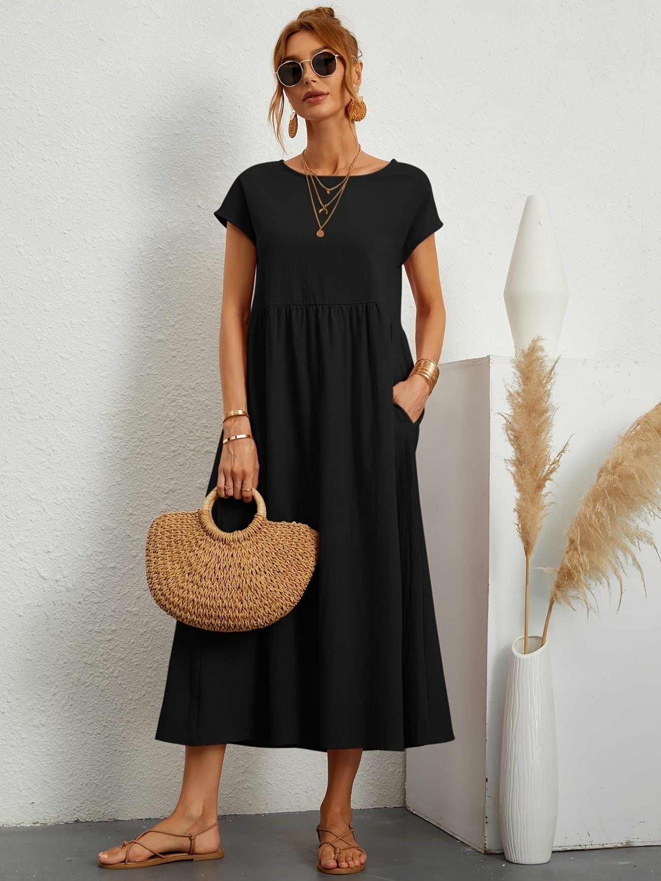 Damen Kleid Rundhalsausschnitt Elegantes Design