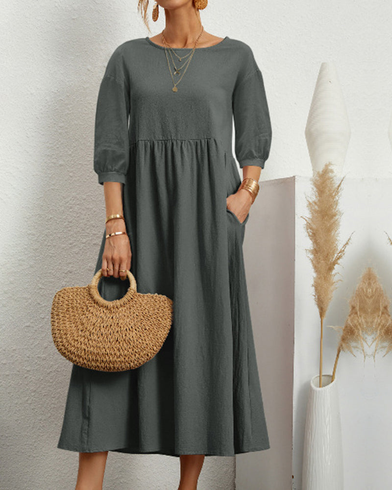 Damen Midikleid 3/4 Ärmel Ballonärmel Figurbetont - Norvielle