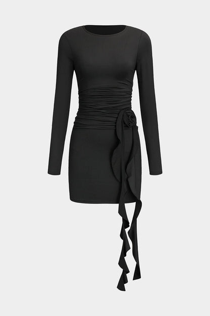 Valeria Damen Minikleid Langärmlig Schwarz Figurbetont mit Drapierung - Norvielle