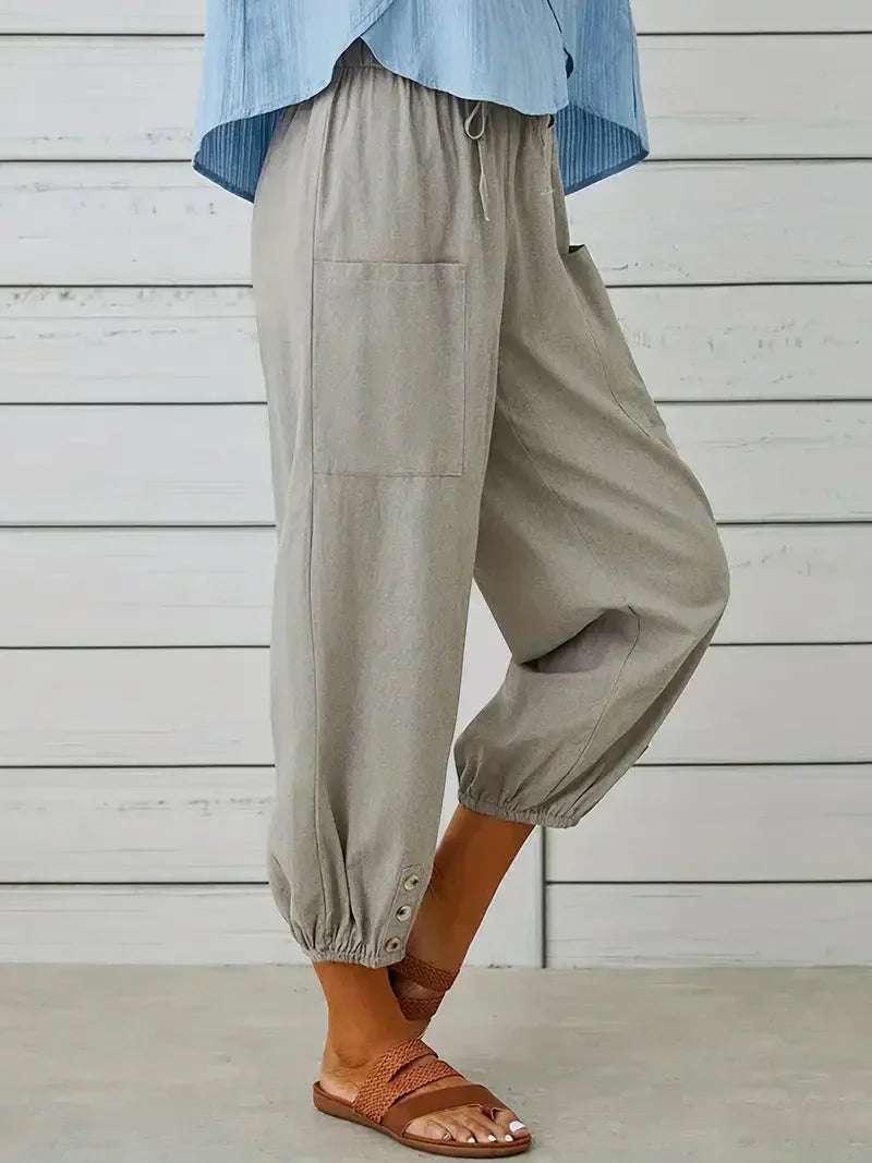 Damen Freizeit-Hose Elastischer Bund Kordelzug Beige